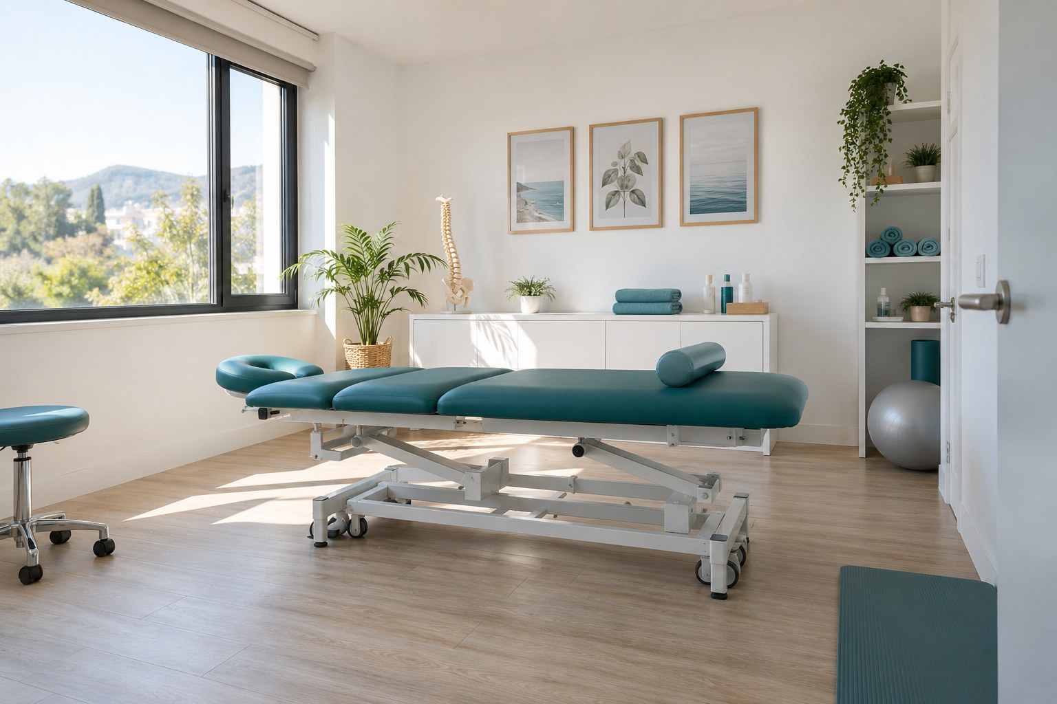 Consulta conceptual de fisioterapia en tonos claros y verde
